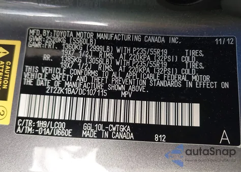 2013 Lexus Rx 350 z USA, uszkodzony, nr VIN 2T2ZK1BA7DC107115